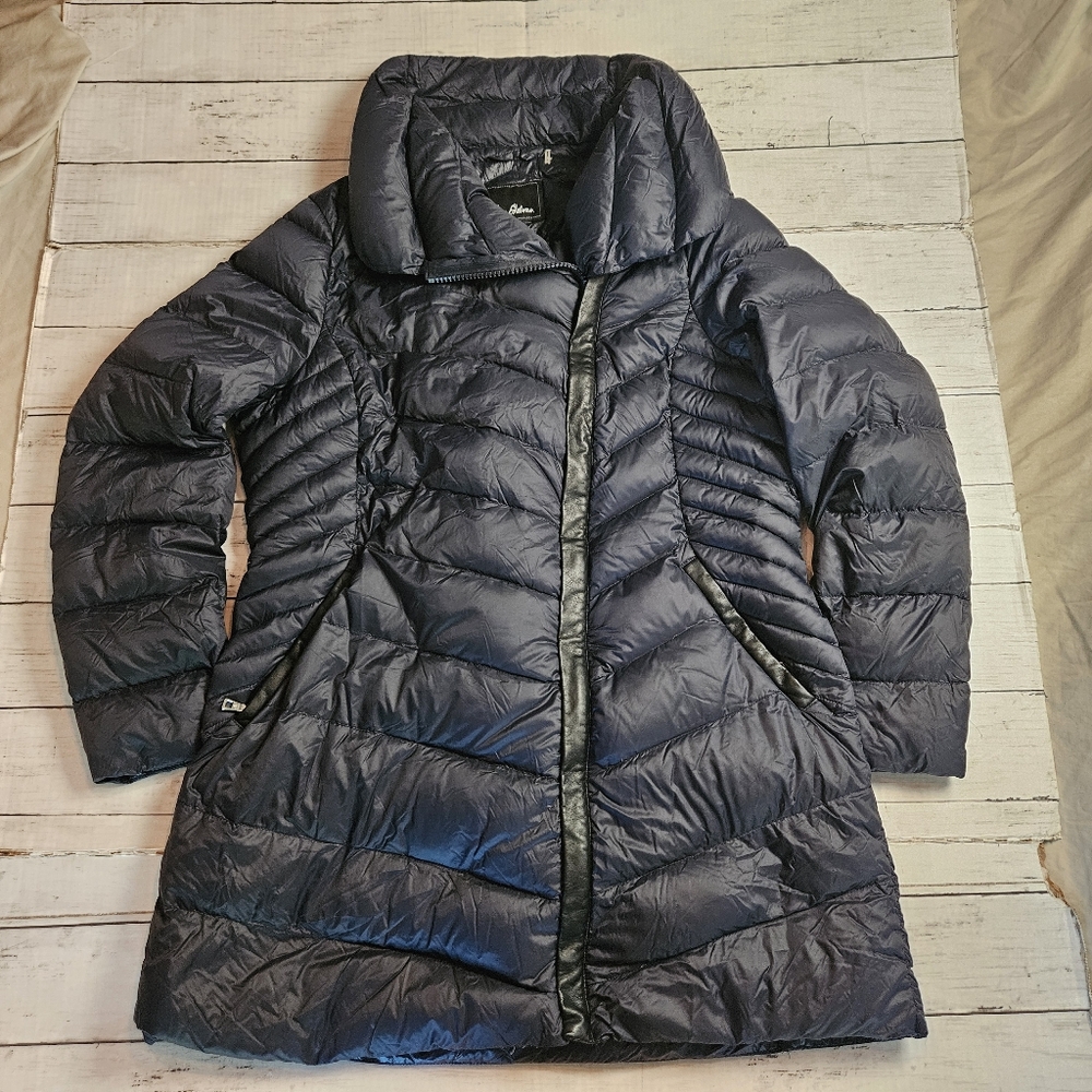 Sam Edleman Asymmetrical Chevron Quilted Down Coat Women's L Navy & Faux Leather - Picture 2 of 15